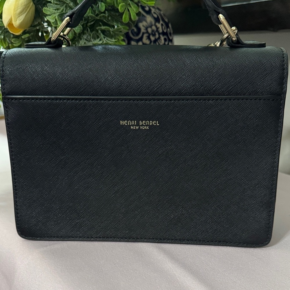 Henri Bendel Black Leather Shoulder Bag with Gold Accents School Bag - Picture 3 of 15